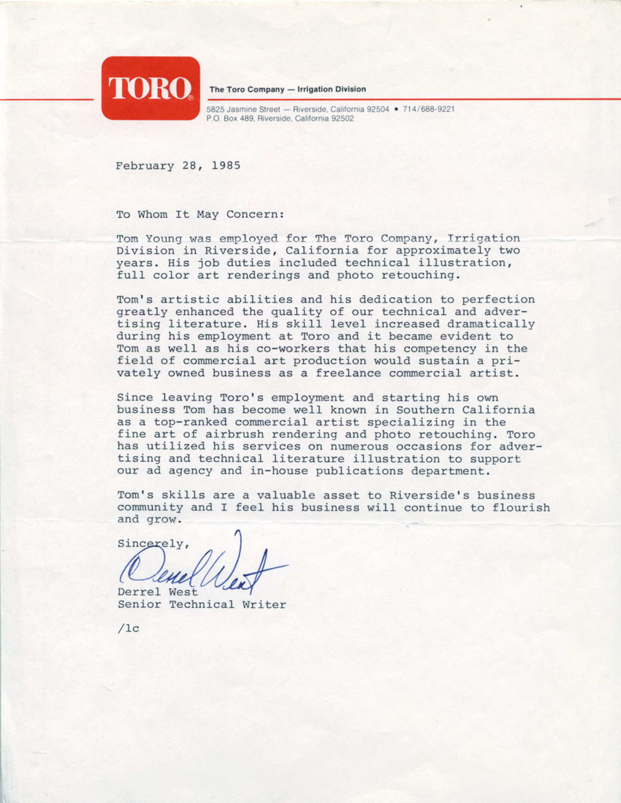 Toro Company reference letter — February 28, 1985