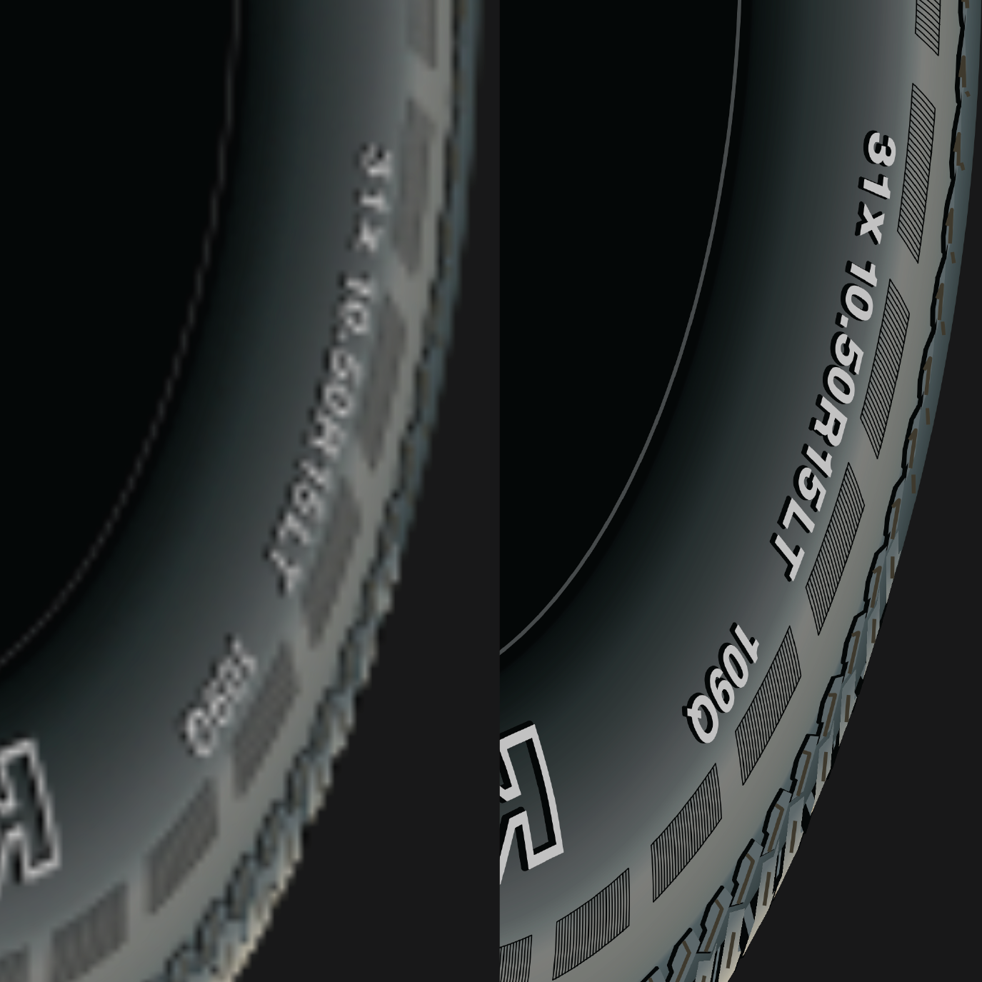 Raster blur versus vector sharpness — the same sidewall twice